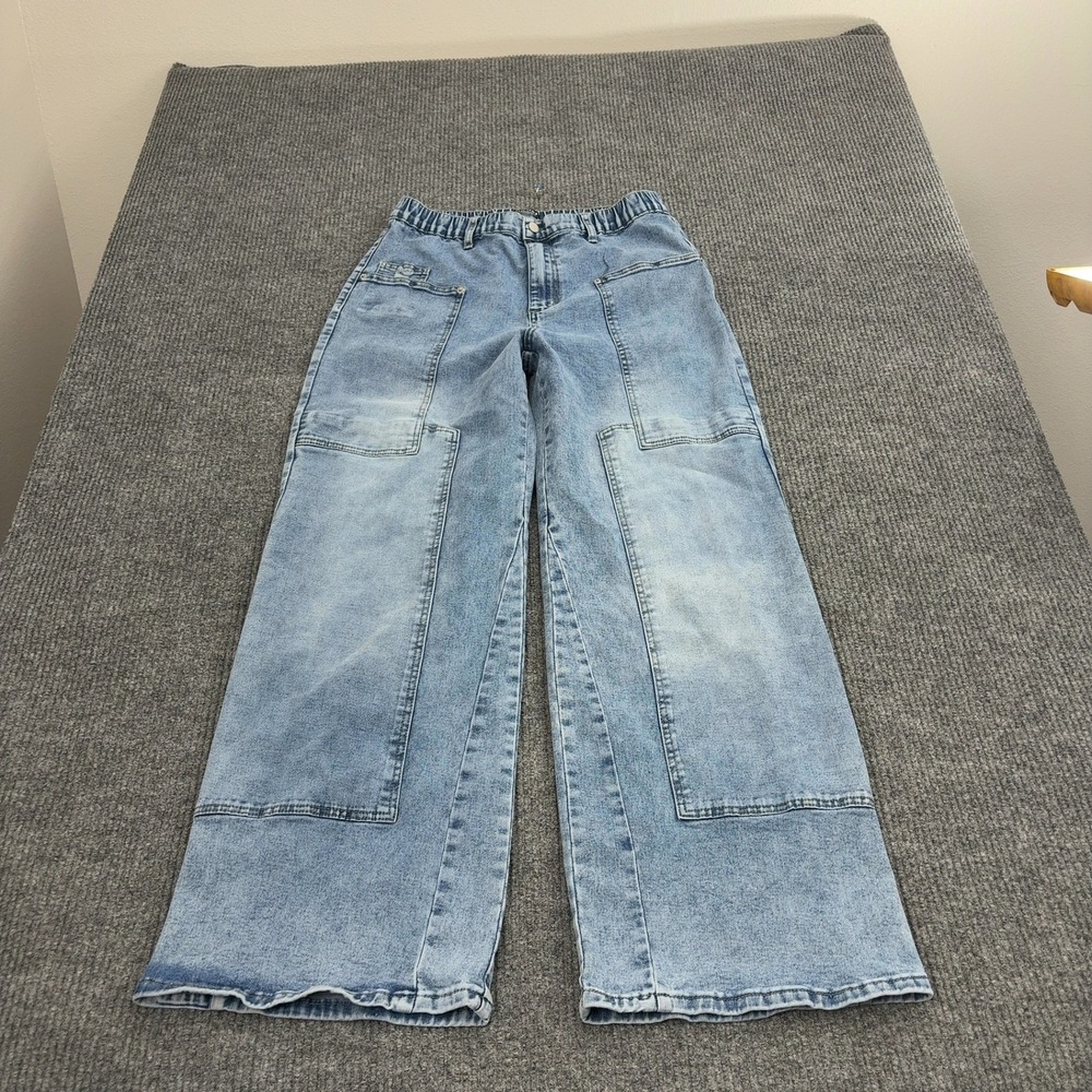 Flamingals Jeans Women XL Blue Cotton Blend Patchwork Elastic Waist Wide Leg Y2K